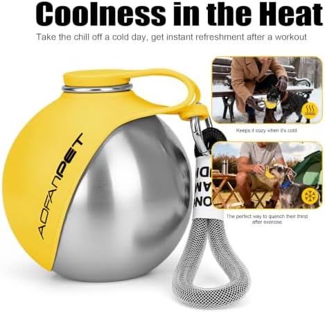 Portable Dog Water Bottle 10oz Stainless Steel Travel Dog Water Dispenser with Bowl No-Spill Puppy Water Bottle for Walking Hiking Small Dog Water Bottle (Yellow)