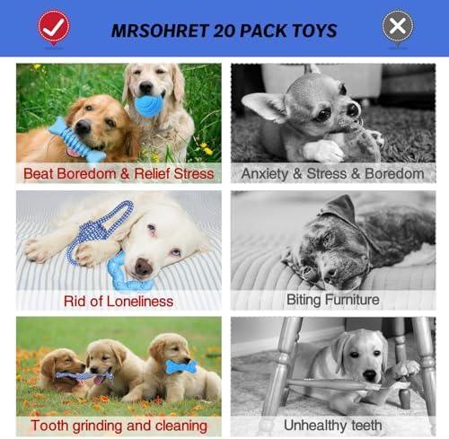 MRSOHRET 20Pcs Puppy Chew Toys - Blue Puppy Chew Toys Bundle for Teething, Puppies Teething Toys with Durable Rope Rubber Ball, Pet Interactive Toys for Small Medium Dogs with Basket
