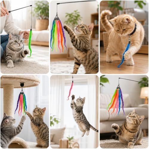20 Pcs Cat Worm Toy Refills, Interactive Wand Attachments for Indoor Cats