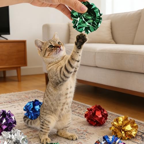 30 Pcs Cat Crinkle Balls Toys,2.36 Inch Funny Interactive Cat Toys,Polyester Film Interactive Crinkle Ball,Colorful Lightweight Chew Chase Toys for Indoor Pet to Keep Fit and Active (Ten Colors)