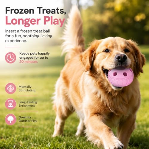 Frozen Treat Dog Toy Set with Freezer Tray, Interactive Rubber Chew Toy, Treat Ball Holder for Licking & Chewing, Dog Enrichment Toy to Keep Dogs Busy (Pink)