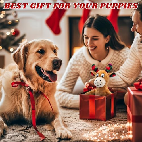 Dog Christmas Reindeer Plush Toys with Squeaker, Soft Pet Teeth Toys for Small & Medium Dogs