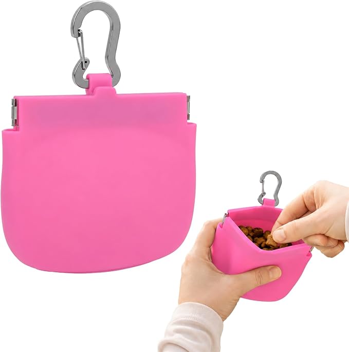 Silicone Dog Treat Pouch for Pet Training One-Hand Access One Cup Silicone Treat Bag with Pull Tab and Auto Closing Lid Treat Pouches for Leash(Color: Pink)