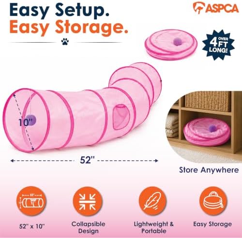 ASPCA Cat Tunnel with Rattle Toy – Interactive Collapsible Cat Tunnel for Indoor Cats, Crinkle Play Tunnel with Hanging Rattle Toy, Encourages Hiding, Chasing, Pouncing & Active Play, S-Shape, Pink