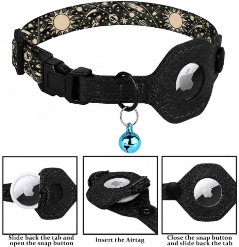 Breakaway Cat Collar with Leather AirTag Holder & Bell - Apple Air Tag Cat Collars for Girls & Boys, Lightweight Anti-Lost GPS Tracker Design, Printed Pattern - Safety and Adjustable (Space)