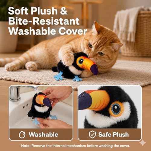 Flapping Bird Cat Toy, Toucan Plush Touch Activated Bird Chirp Cat Toy with Refillable Catnip, USB Rechargeable Interactive Kitten Exercise Toy,4.92"(No Flying)
