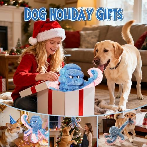 Tough Octopus Dog Toy, Interactive Squeaky & Crinkle Tug of War Toy for Aggressive Chewers, Large Durable Plush Chew Toys to Keep Dogs Busy- Crinkle Octopus, Large (Blue)