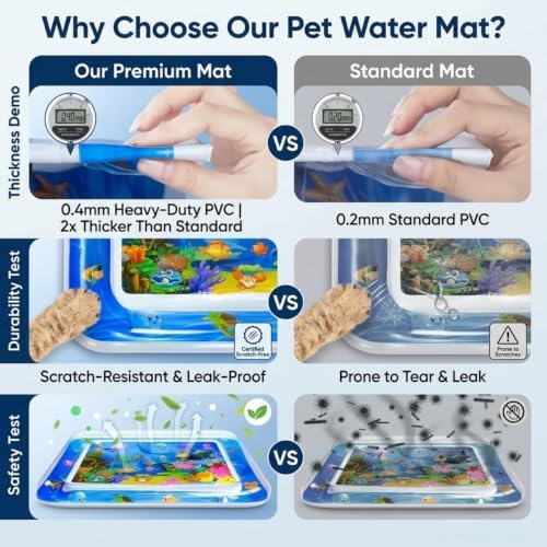 Aqua Cats Water Mat, 25.6 x 25.6 Inch Floating Fish Interactive Playmat, Thick PVC Dual-Use Cooling & Warming Pad, Anti-Scratch Leakproof Non-Slip Foldable Pet Mat (A)