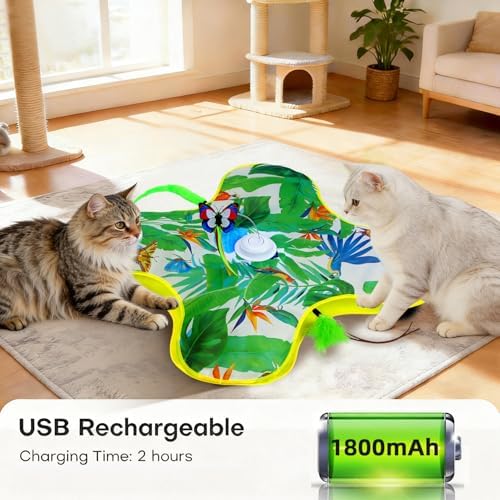 Interactive Cat Toys, Dual-Motor with Butterfly, Hidden Feathers & Plush Reed, 3 Animal Sounds, 3 Hunt Modes, Touch Activated, Rechargeable Hide & Seek Cat Toys for Bored Indoor Adult Cats & Kitten