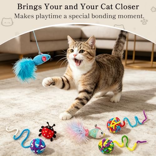 Door Hanging Cat Toy Set, Interactive Self-Play Cat Teaser with Retractable Elastic String, Hanging Door Cat Toys for Indoor Cats Kitten, Boredom Relief (6 Pack)