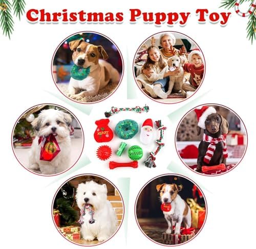 Christmas Dog Toys 9 Pack, Luxury Santa Puppy Chew Toy, Cotton Squeaky Plush Toys for Small Dogs, Durable Interactive Rope Treat Dog Ball and Bones, Rubber Teething Toys for Dogs Gifts