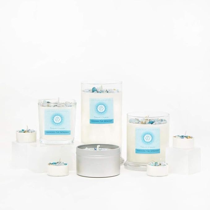Throat Chakra Candle by New Moon Beginnings - Chakra Candles - Dried Flower, Herb, & Crystal Candles - Aromatherapy Candles - Soy Candle