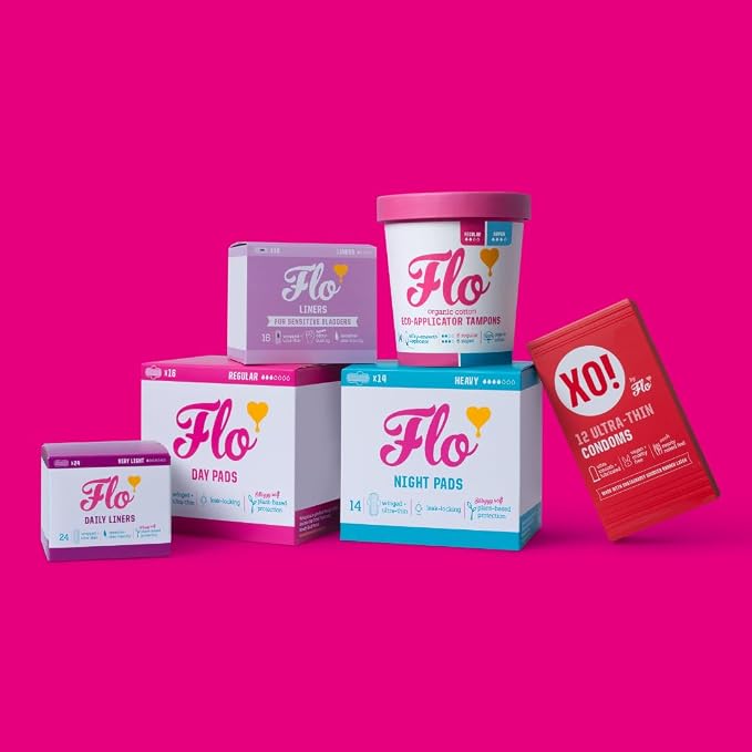 Flo - Organic Cotton Tampons for Women - 64 Pack (36 Regular, 28 Super) - Leak Proof - No Synthetic Fibers, Chlorine Bleach, Added Dyes - Bio-Plastic Applicator - Feminine Care - Vegan & Cruelty Free