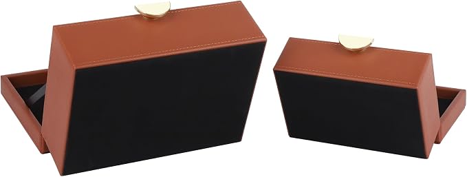 HofferRuffer Faux Leather Jewelry Boxes, Decorative Boxes Storage Accessory Organizer with Gold Hardware Decor, Classic Vegan Leather Set of 2 Pieces (Brown)