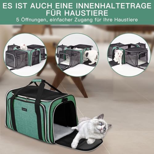 BAGLHER Expandable Cat Carrier with Travel Litter Box, Pet Travel 5 Sides Open Doors 3 Sides, Leak-Proof and Collapsible, for Car, Airplane Trip, Green