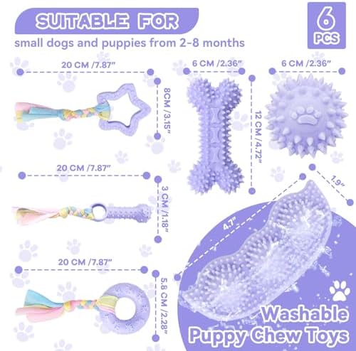 Petcare 6 Pack Puppy Teething Toys, Cute Purple Small Dog Chew Toys for Puppies 0-6 Months, Soft Rubber Rope Dog Teething Toys, Best Small Puppy Toys, Puppy Essentials Supplies