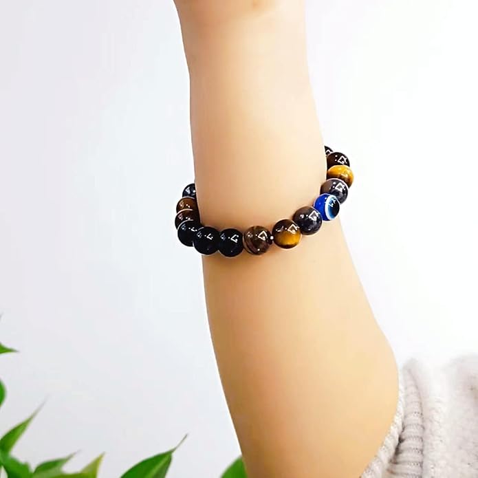 Evil Eye with Hematite Black Obsidian Tiger Eye Stone Triple Protection Bracelets for Men Women, Crystal Healing Stone Bracelet Bring Luck Prosperity and Happiness Jewelry