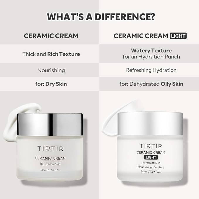 TIRTIR Ceramic Cream Light | Deep moisturizer for Glass Skin, Polyglutamic acid, Centella Asiatica Extract, Skin barrier, Lightweight, Mild, Nature derived ingredients, Dry skin, Korean skincare