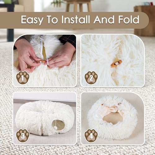 Peekaboo Cat Cave with Washable Mat, Collapsible Cat Play Tunnel for Kittens & Small Pets, Plush Cat Donut Bed Tunnel, Beige