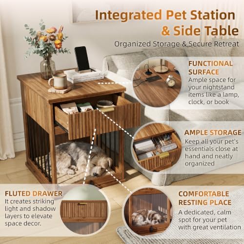 Dog Crate End Table with Charging Station, Wooden Dog Kennel Furniture with Hideaway Tempered Glass Door, Multi-Functional Pet Station Side Table with Storage Drawer (Antique Brown)