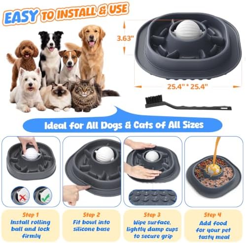2-in-1 Slow Feeder Dog Bowl with Rolling Ball, Interactive Lick Bowl Toy for Dogs & Cats, Anti-Gulp Maze Feeder with Suction Base for Wet Food, Bone Broth & Treats, Anxiety Relief Enrichment Toy-Grey