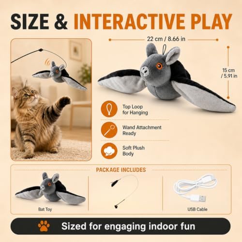 Flying Bat Dog Toy, Flapping Bat Dog Toy for Dogs & Cats, Flapping Wings Interactive Pet Toy with Chirping Sounds, Hanging and Ground Play with Detachable USB Rechargeable,2pcs