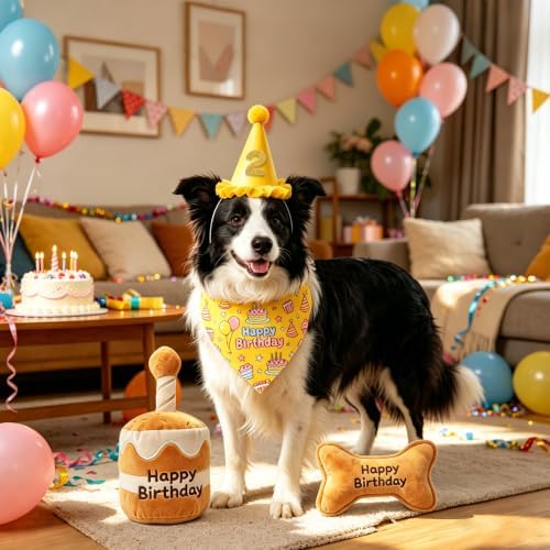 Xymoso Dog Birthday Gift Set,4 Pack Dog Birthday Interactive Squeak Toys Puppy Bandana Hat with Numbers Party Supplies for Small Medium Dogs