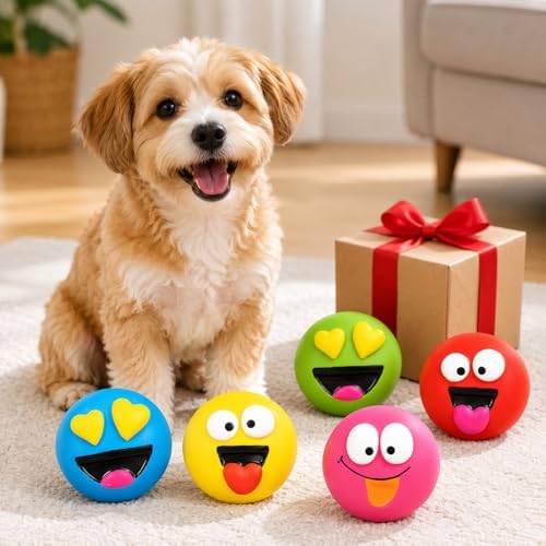5-Pack Latex Dog Toys – Durable Squeaky Emoticon Design for Small and Medium Dogs, Interactive Chew and Fetch Play Set for Exercise and Training