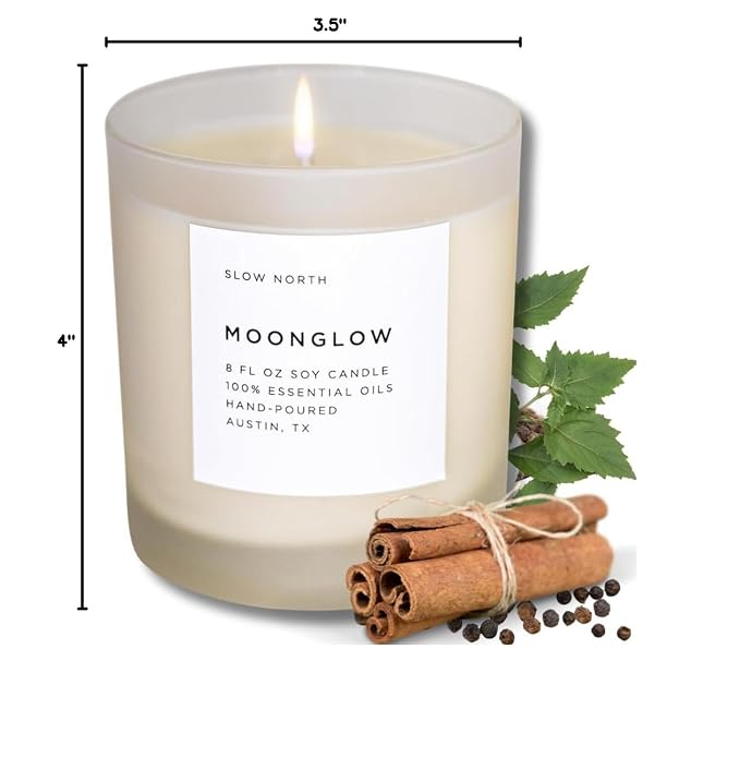 Slow North Moonglow Candle - Essential Oils and Pure Soy Wax Candle in a Reusable Frosted Glass Jar - A Unique and Mindful Scented Candle Hand-Poured in the USA (8 oz)