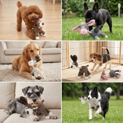 Pet Squeaky Chew Toy Interactive Durable Plush Dog Toy for Small Medium Large Breeds, Teeth Cleaning & Boredom Relief(Beige & Brown Goat)