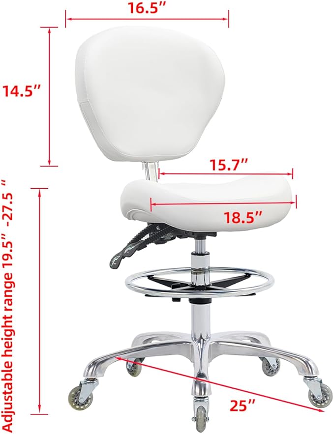 Grace&Grace Drafting Chair Adjustable Tall Shop Stool, Rolling Stool with Back Support for Studio, Classroom, Lab, Counter, Medical (White)
