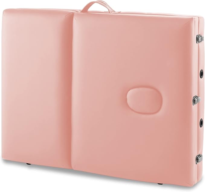 Saloniture Professional Portable Lightweight Tri-Fold Massage Table with Aluminum Legs - Includes Headrest, Face Cradle, Armrests and Carrying Case, Pink