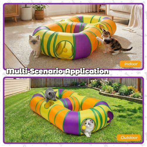 Cat Tunnel for Indoor Cats 8-Shaped, Collapsible Cat Playhouse Pet Play Tunnel Tube Maze with Hanging Pom-poms and Interactive Hole for Kitten, Kitty, Puppy, Rabbits, Ferret, Guinea Pig