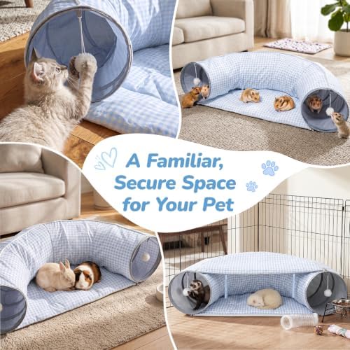 Bunny Tunnel Bed, 2-in-1 Collapsible Rabbit Guinea Pig Hideout, Blue