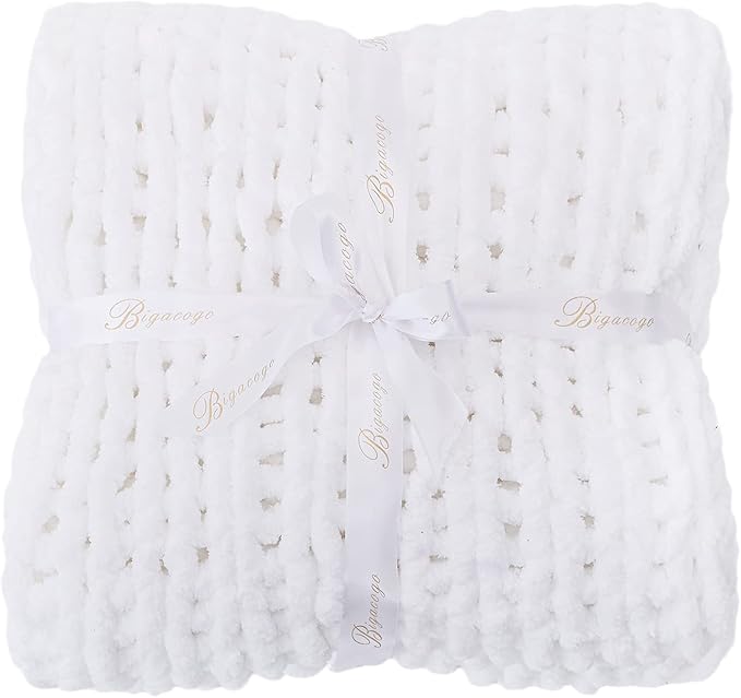 Bigacogo Chunky Knit Throw Blanket for Couch, 40x40 inches, Pure White | Hand Knit with Jumbo Chenille, Soft Breathable Cable Knit for Sofa Bed Living Room, Machine Washable, Gift for Mom Friend