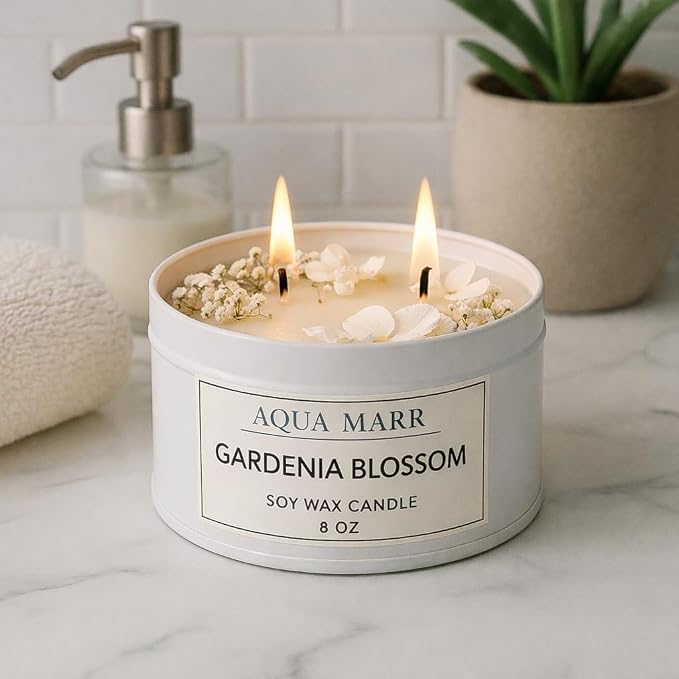 Gardenia Tuberose Blossom Soy Candle β 8 oz Floral Scented Candle, Hand-Poured Clean Burning Candle for Home, Spa & Relaxation β Aqua MARR