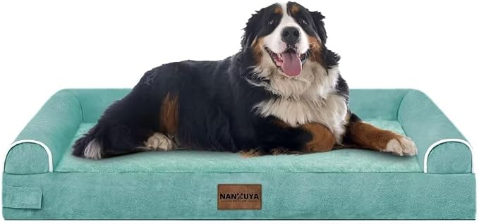Orthopedic Dog Bed for Jumbo Dogs, 53 x 42 Inch, Aqua Blue | Egg crate foam for joint support, 3-sided bolster pet sofa, waterproof lining, washable cover, and non-skid base