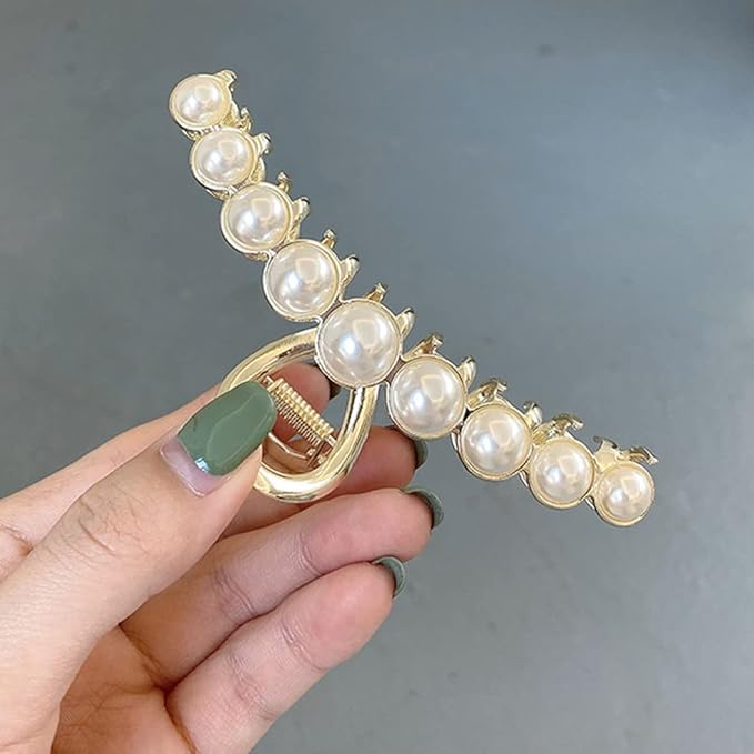 Rhinestone Hair Claw Clips, 4.4 Inch Vintage Metal Imitation Pearl Hair Jaw Clip for Women, Non Slip Hair Clamp Fashion Wedding Party Accessories Elegant Hair Decorations