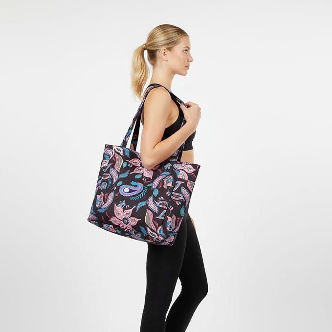 Floral Paisley Pattern Yoga Bag, Canvas Tote with Blue and Pink Design, Spacious Carrier for Yoga Mat and Accessories