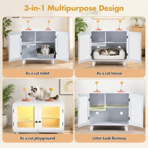 Hidden Cat Litter Box Enclosure Cat House Furniture with RGB LED Light Stairs Pom Pom Toys Glass Doors Litter Leak Walkway Cat Washroom Cabinet White Pet Furniture for Indoor Cats Modern