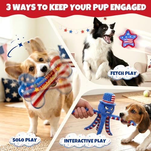 Patriotic 4th of July Dog Toys, 3-Pack Squeaky Crinkle Plush Set