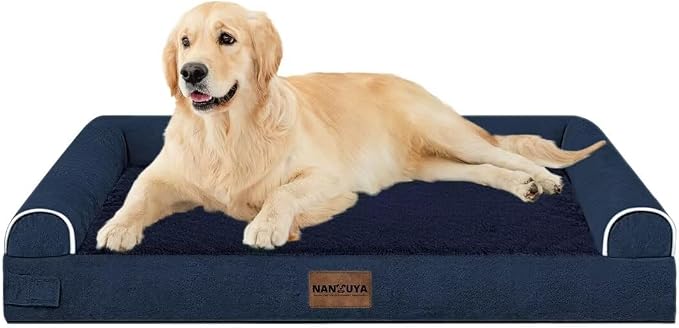Orthopedic Dog Bed for Large Dogs, 36 x 27 Inch, Navy Blue | Egg crate foam for joint support, 3-sided bolster pet sofa, waterproof lining, washable cover, and non-skid base