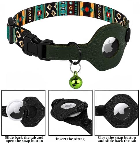 Breakaway Cat Collar with Leather AirTag Holder & Bell - Apple Air Tag Cat Collars for Girls & Boys, Lightweight Anti-Lost GPS Tracker Design, Printed Pattern - Safety and Adjustable (Tribal)