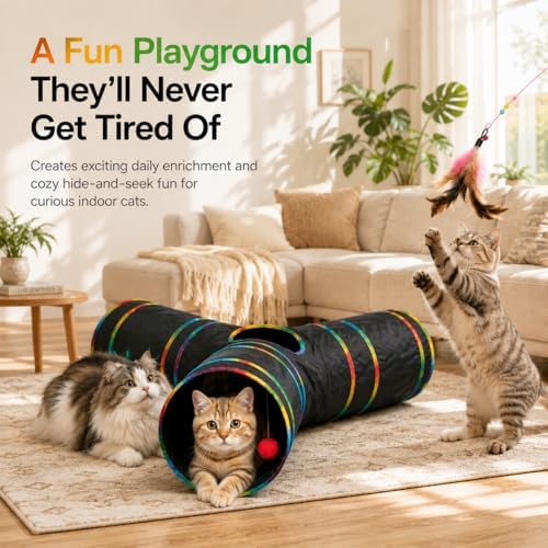 Cat Tunnels Tube Toy with Plush Ball & Cat Wand Feather Toys-Portable Tattaff Waterproof Washable-Interesting Geometric Pattern Collapsible-3 Way Black Rainbow
