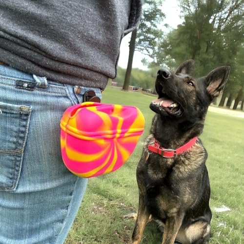 SparkDog K9 Snack Sack – Clip-On Silicone Dog Treat Pouch with Magnetic Closure, Hands-Free Training Bag for Walks, Obedience, Agility, Puppy & Dog Training Accessories (Pink Swirl)