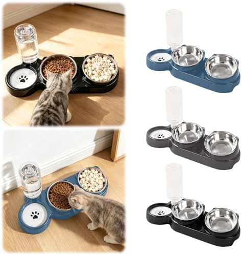 3 in 1 Cat Bowl, Cat Food and Water Bowl Set, Stainless Steel Cat Food Bowls Elevated with Tilted Design, 2 Pet Dish & Automatic Water Dispenser Feeding Station, Small or Medium Sized Dogs