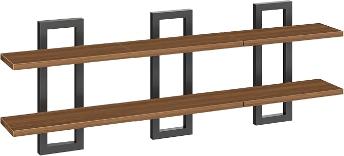 HOOBRO Floating Shelves, 15 Inch Wall Shelf Set of 3, Wall Mounted Storage Shelves 2-Tier, Hanging Bathroom Shelves, for Living Room, Bedroom, Bathroom, Kitchen, Walnut and Black BH32BJP301