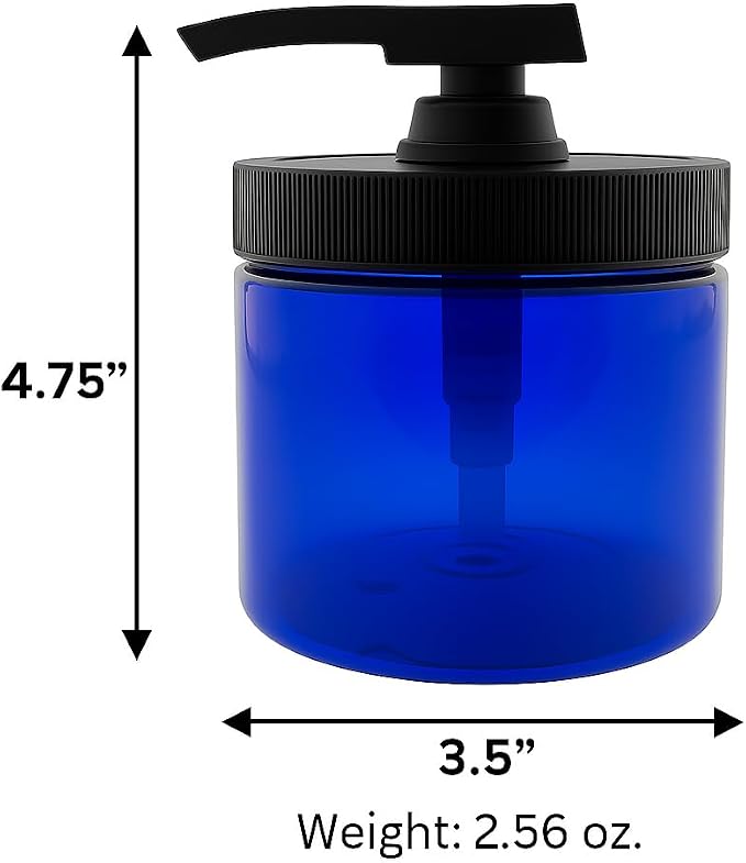 Royal Massage 16oz Refillable Pump Jar with Locking Dip Tube Dispenser – BPA-Free Plastic Container for Massage Oils, Lotions, Creams – Ribbed Lid Wide-Mouth Jar – Durable & Reusable (Blue/Black, 3)