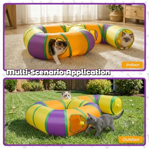 Cat Tunnel for Indoor Cats 6-Shaped, Collapsible Cat Playhouse Pet Play Tunnel Tube Maze with Hanging Pom-Poms and Interactive Hole for Kitten, Kitty, Puppy, Rabbits, Ferret, Guinea Pig
