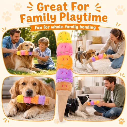 Squeaky Dog Plush Chew Toy, Interactive Tug Squeaky Toy for Chewers, Medium & Large Dogs & Fetch Play, 17.7 in Stuffed Rainbow Ice Cream Toy with Soft Short Plush for Gentle Gum Care & Boredom Relief